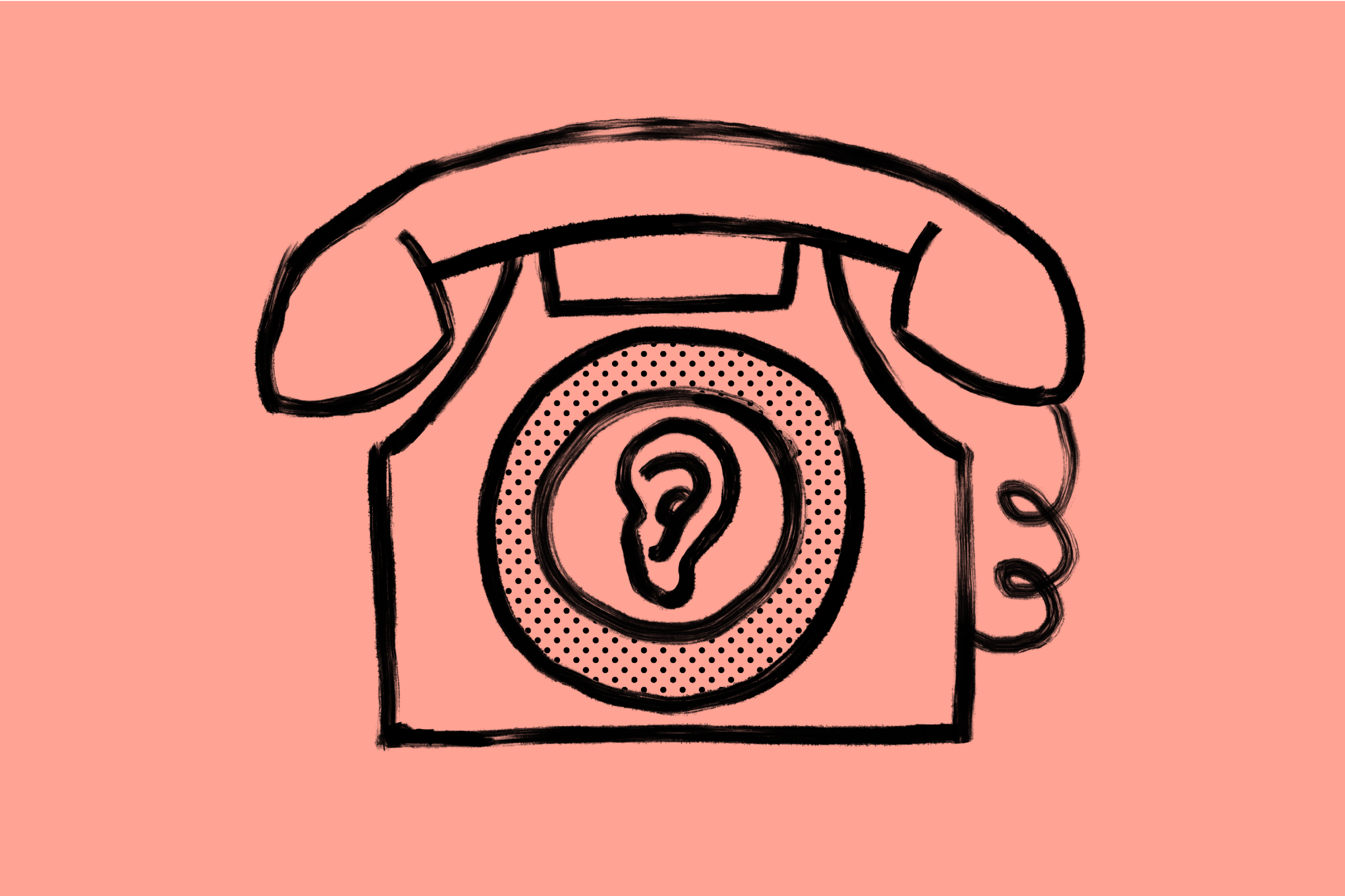 An illustration of an ear within a telephone.